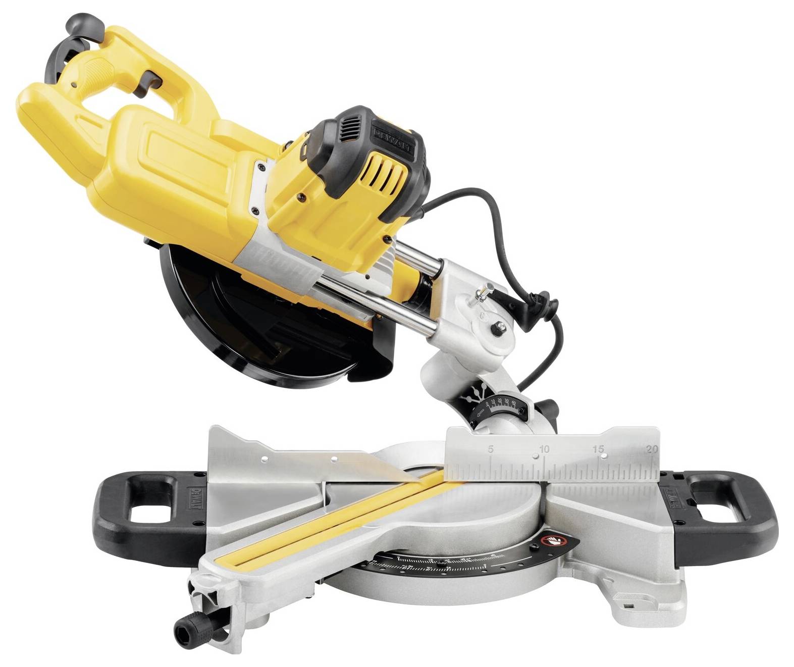Une scie à onglets électrique jaune avec une table de scie en argent et une échelle de mesure, adaptée pour des travaux de coupe de bois précis.