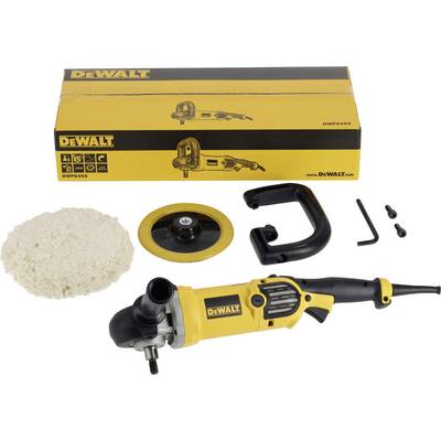 Une meuleuse d'angle DeWalt jaune avec accessoires, comprenant un disque abrasif, une poignée et un manuel. Emballage en arrière-plan.