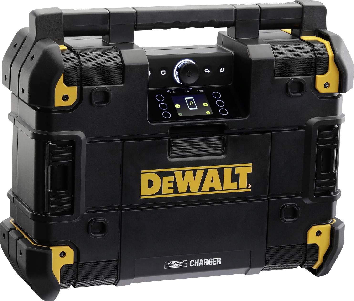 Mallette à outils DEWALT noire avec des touches jaunes, une poignée robuste et une fonction de chargement, idéale pour le transport des outils.
