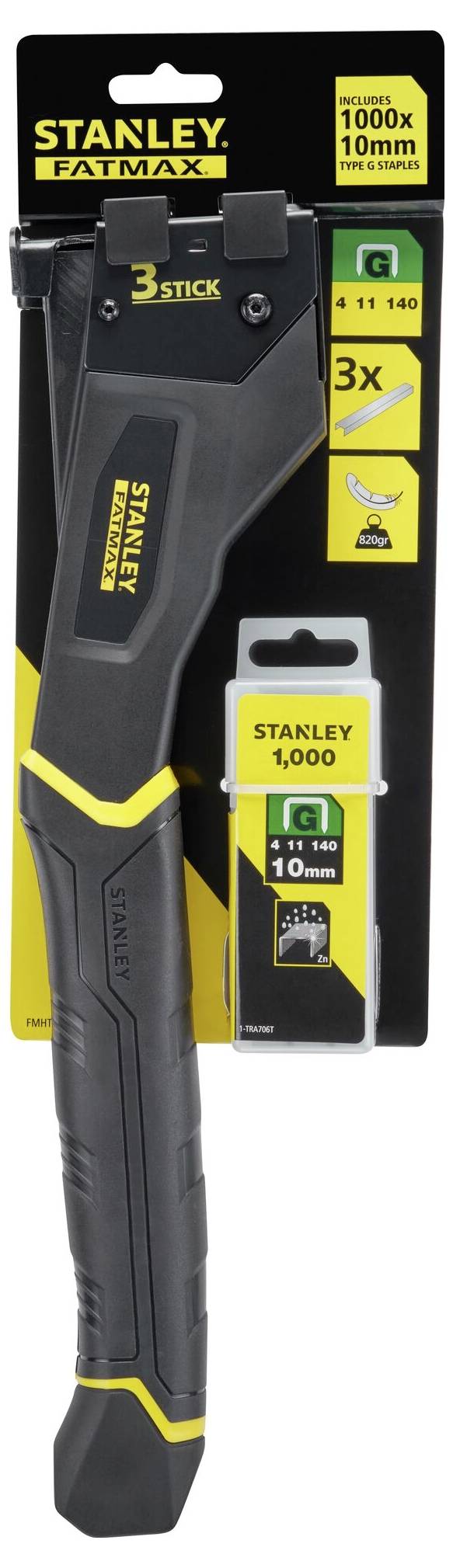 Agrafeuse Stanley Fatmax en noir et jaune avec un pack de 1000 agrafes T19 sur emballage en carton. Parfaite pour les travaux de construction.