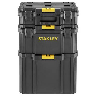 Boîte à outils noire avec fermetures jaunes et l'inscription 'STANLEY'. Solution de rangement empilable en trois parties.