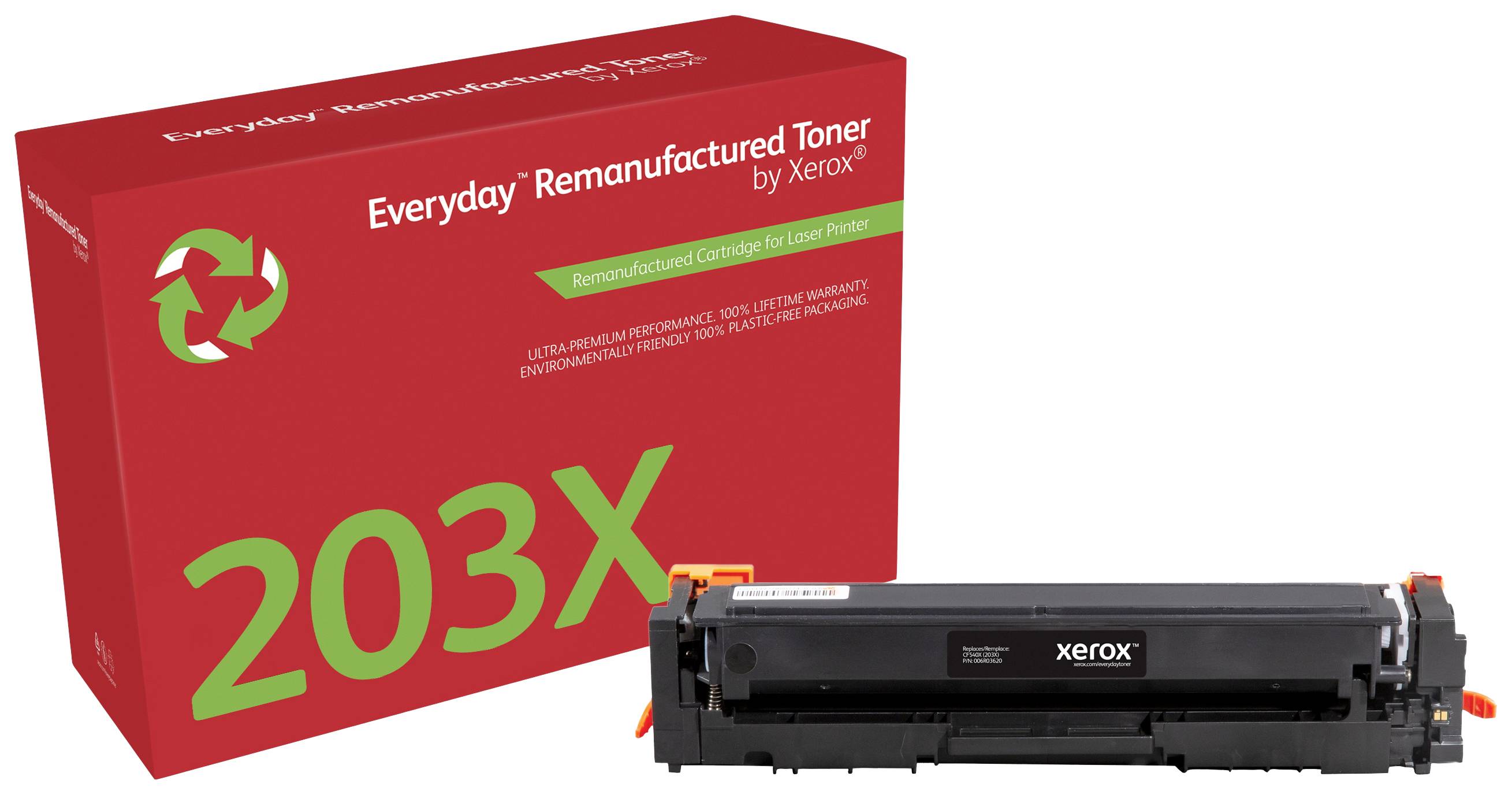 Cartouche de toner Xerox 203X devant un emballage rouge portant l'inscription « Everyday Remanufactured Toner by Xerox ». Symbole de recyclage sur l'emballage.