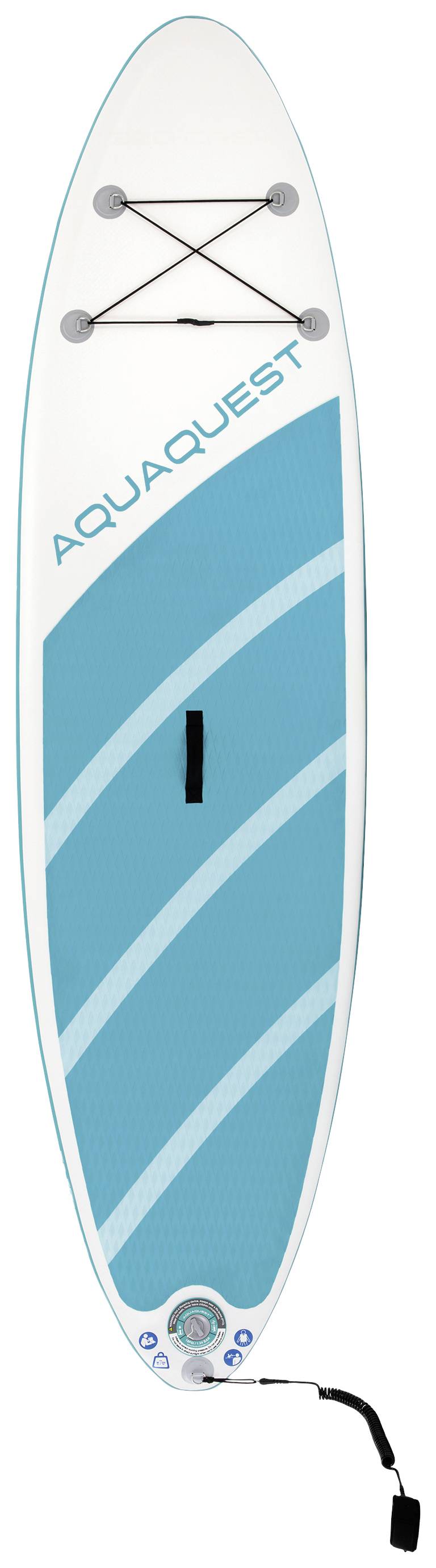 Planche de paddle gonflable de marque 'Aquaquest' avec une surface bleue et blanche, présentant un design simple et des sangles élastiques à l'avant.