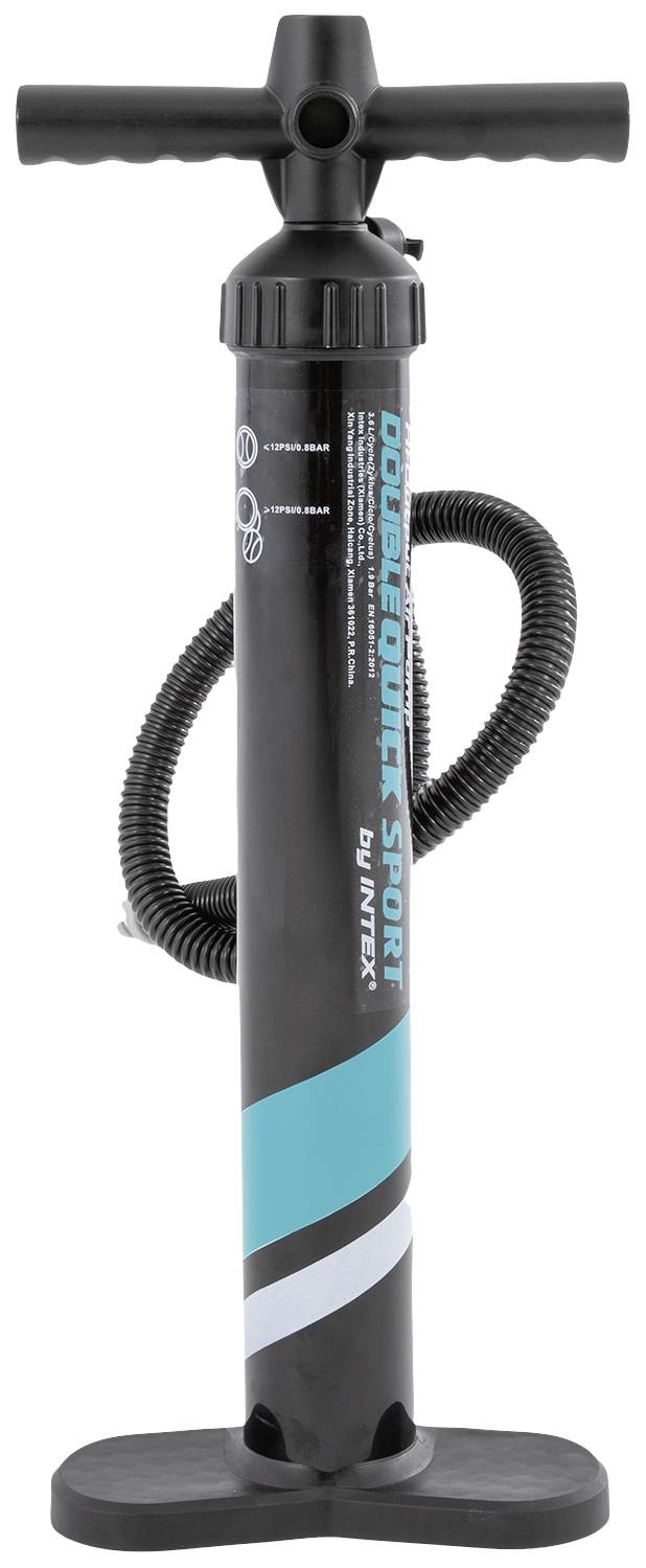 Une pompe manuelle noire avec poignée en T et tuyau, adaptée pour gonfler des objets comme des matelas pneumatiques ou des ballons.