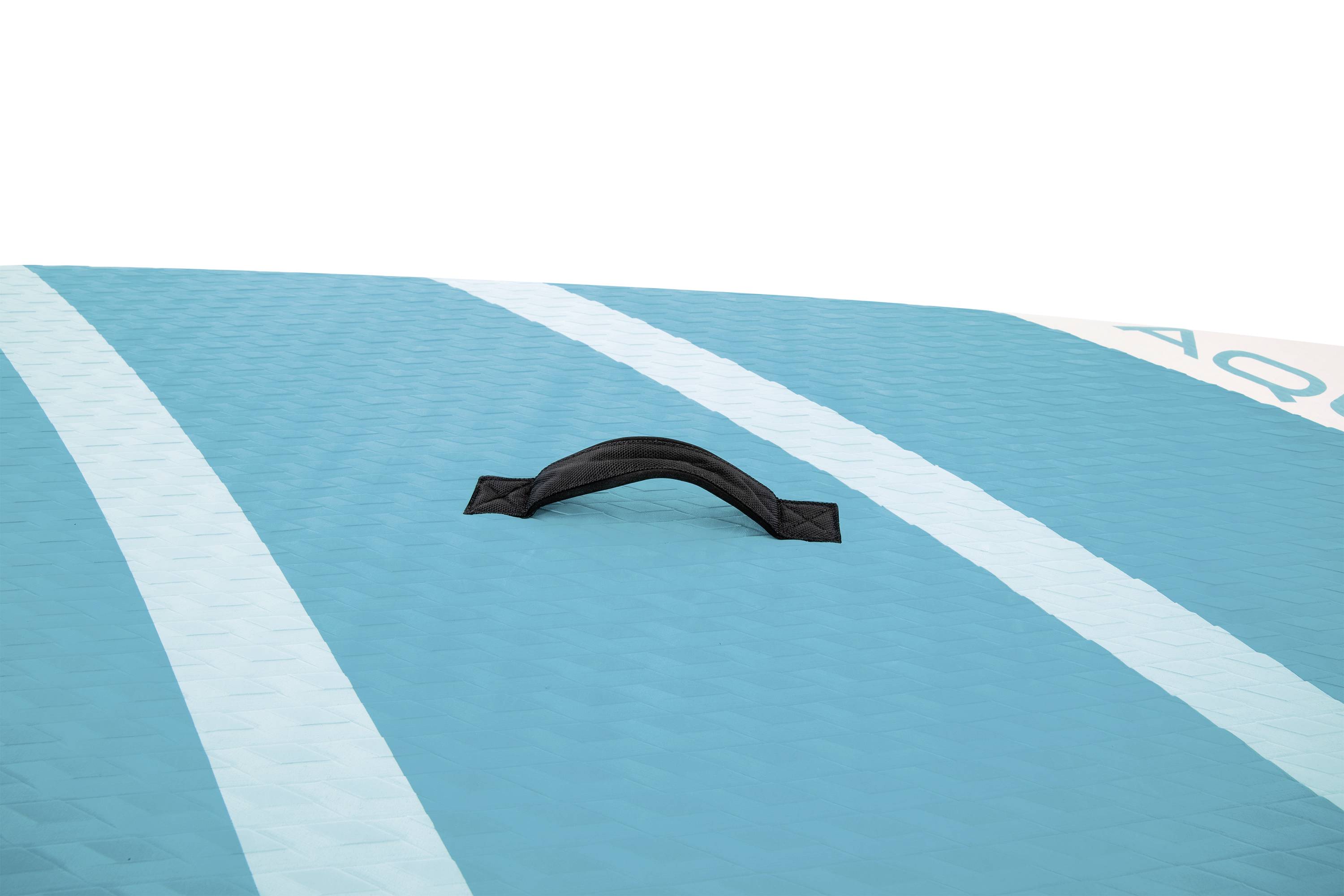 Une planche de surf bleue avec deux bandes plus claires et une poignée noire au centre de la surface supérieure.