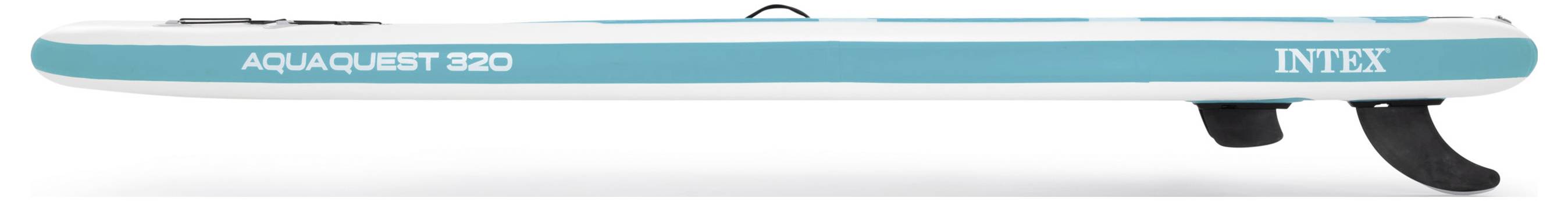 Planche de stand-up paddle gonflable 'Aquaquest 320' d'Intex, vue latérale avec un design en bleu et blanc.