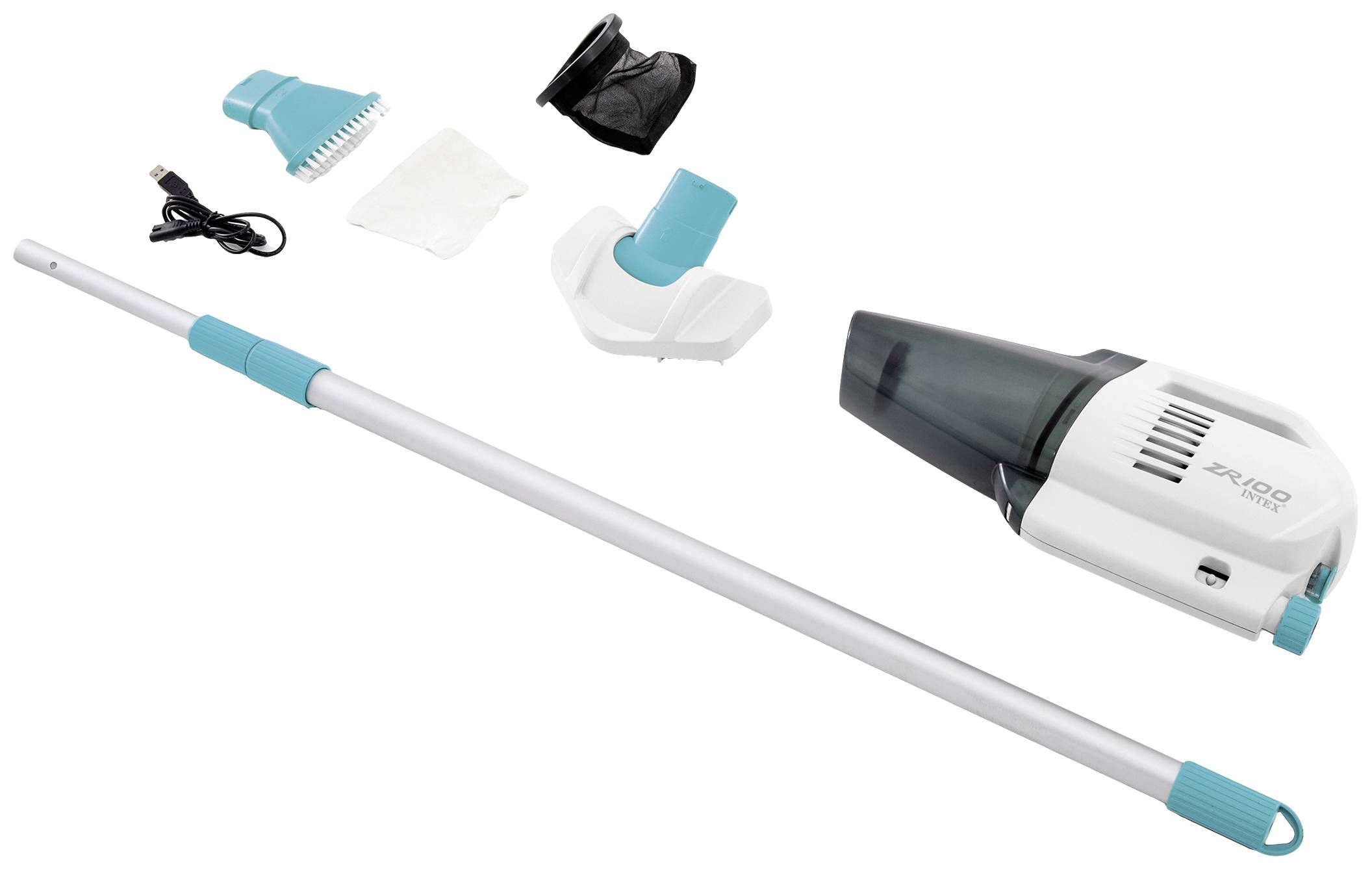 Nettoyeur de piscine miniature avec dispositif d'aspiration, manche télescopique et différents embouts, adapté aux petits bassins et piscines.