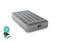 Matelas pneumatique gris avec pompe intégrée. L'illustration montre également un symbole USB indiquant que la pompe fonctionne via USB.