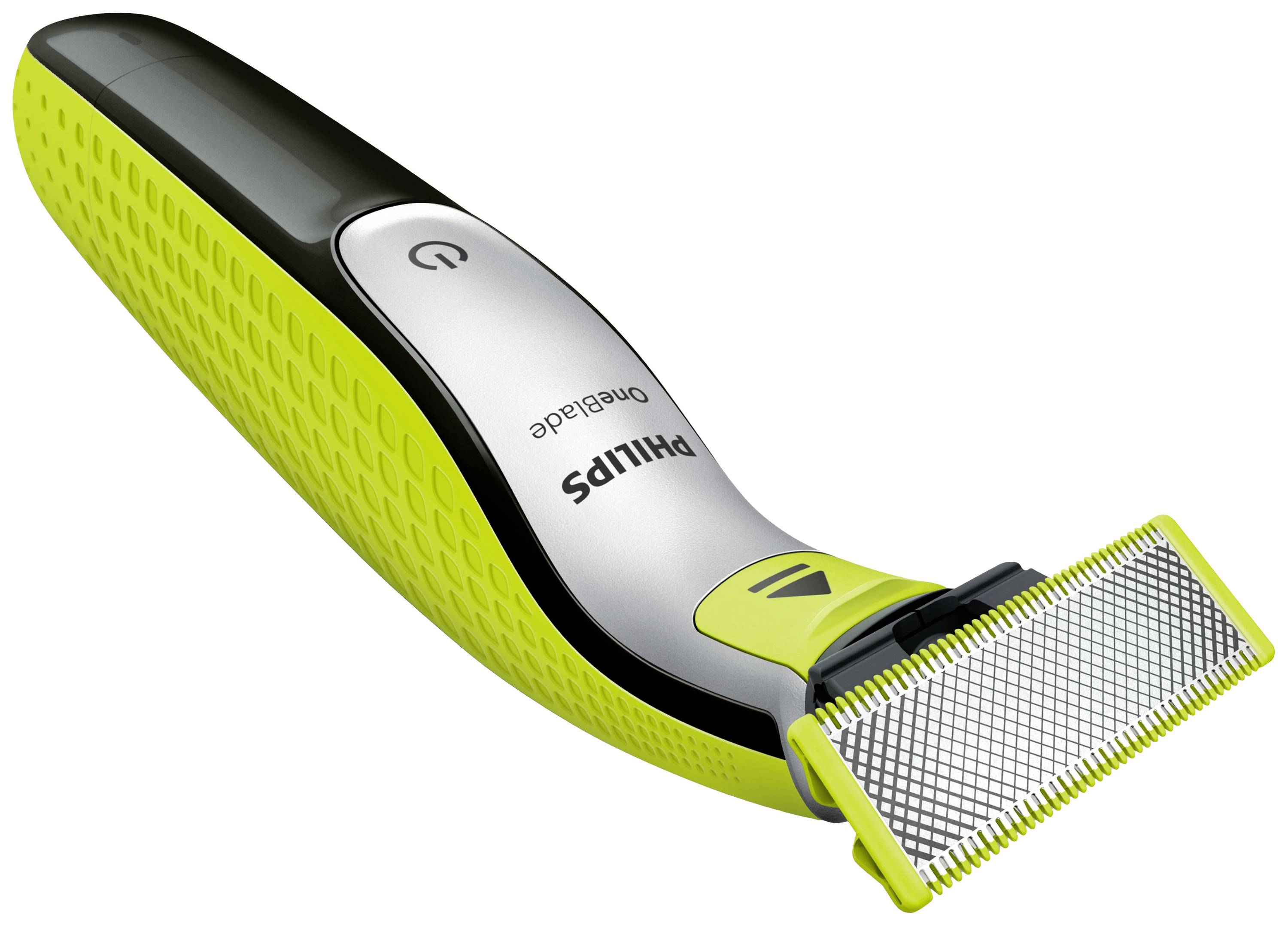 Rasoir électrique avec manche vert et tête argentée, adapté pour les rasages à sec et humide, logo de la marque visible.