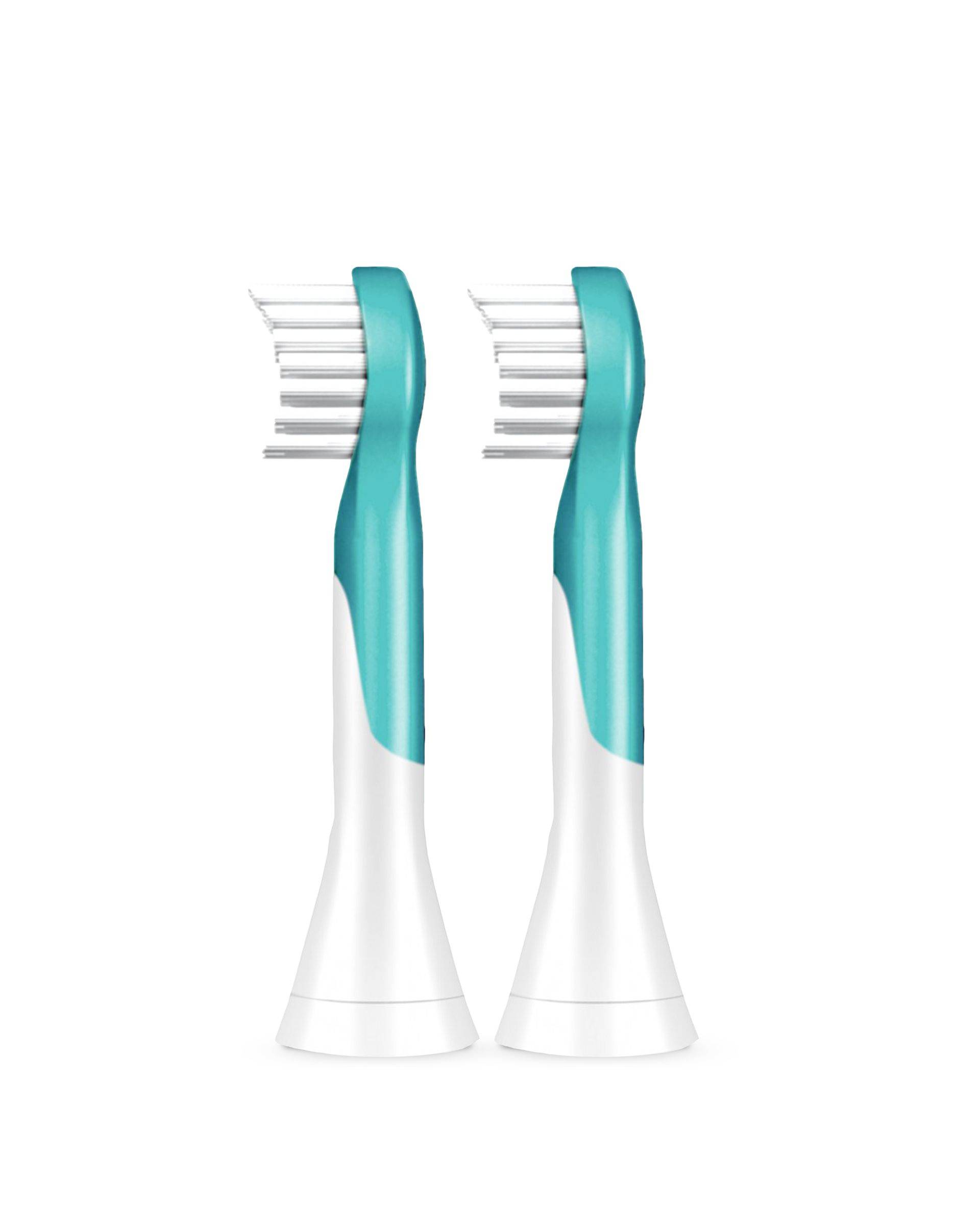 Deux têtes de brosses à dents avec des manches bleus et des poils blancs sont placées verticalement côte à côte.