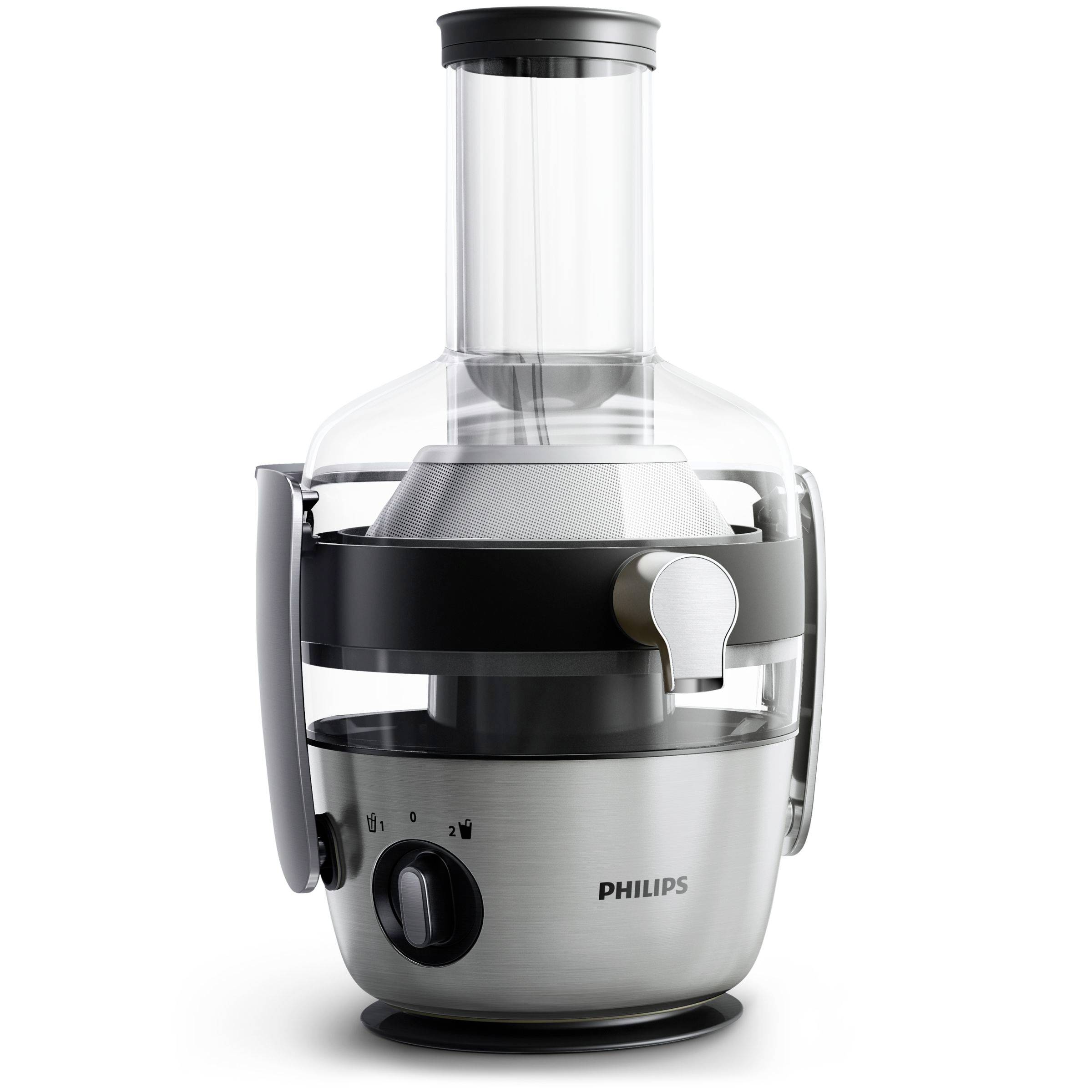Un extracteur de jus argenté avec un récipient transparent et une poignée noire. La marque 'Philips' est visible sur l'appareil.