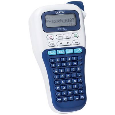 Imprimante d'étiquettes portable avec écran noir et clavier QWERTZ. Le logo de la marque et un petit écran sont situés en haut.