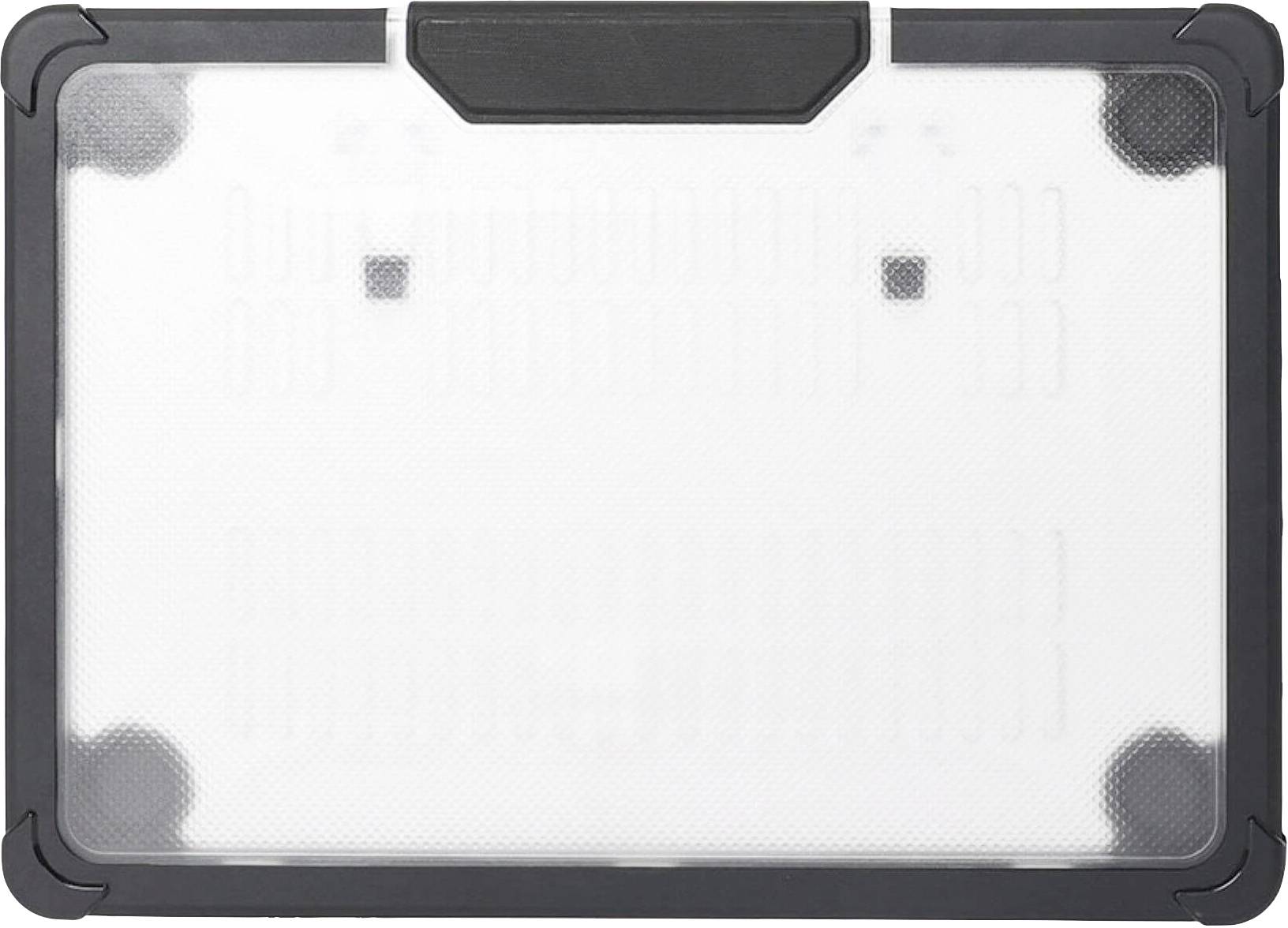 Tableau blanc en plastique avec bordure et coins noirs, de forme rectangulaire.