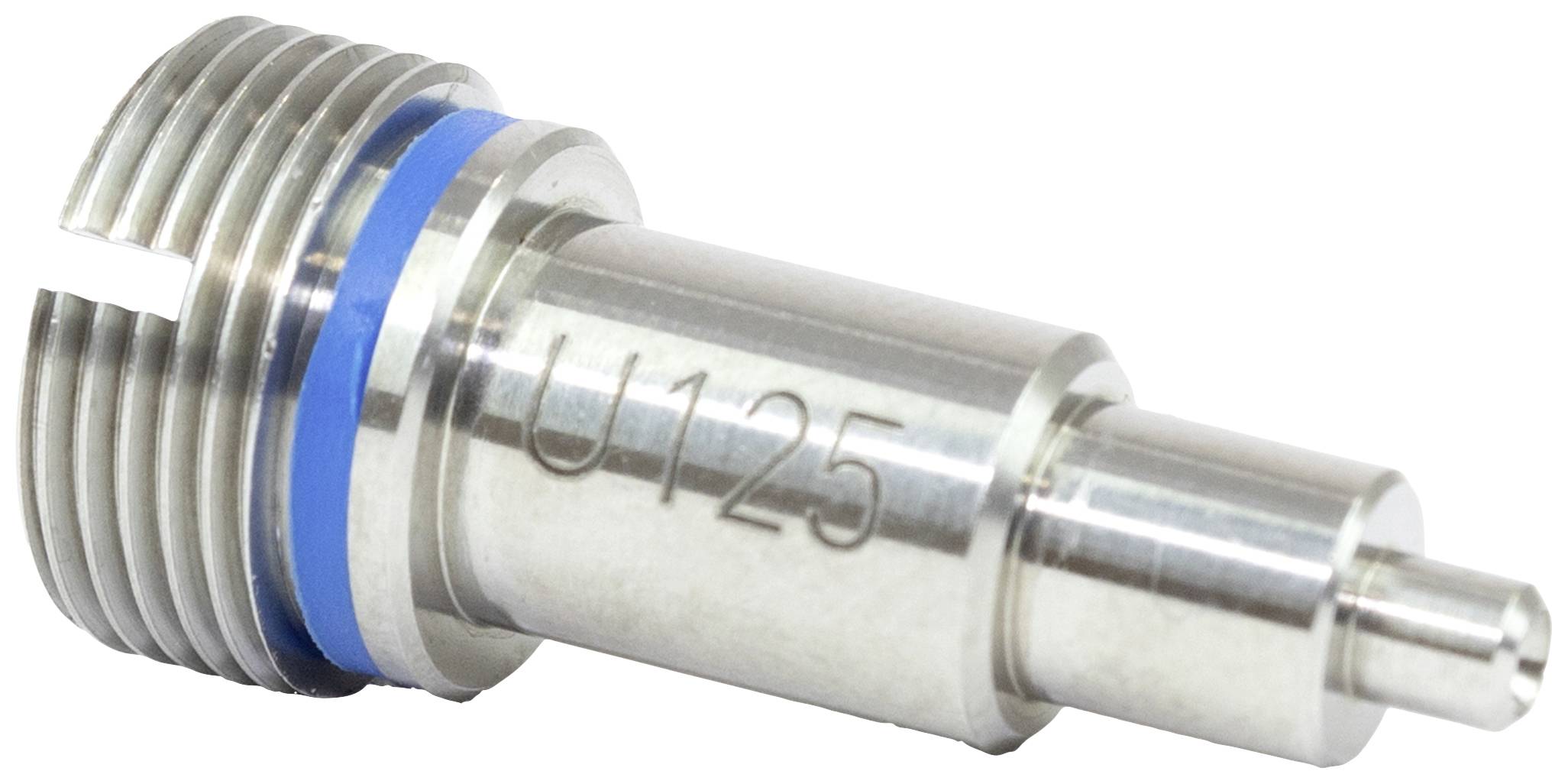 Une pièce métallique argentée en forme de cylindre, portant un anneau bleu et l'inscription 'U125', probablement un composant technique.