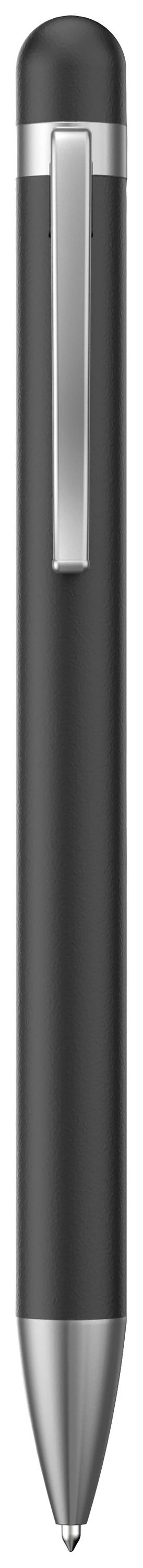 Un stylo à bille noir avec un clip et un embout argentés.