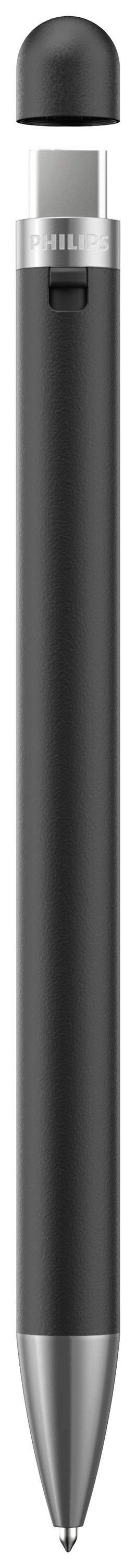 Un stylet noir, cylindrique, avec des accents argentés et une pointe arrondie. Adapté aux tablettes et aux écrans tactiles.