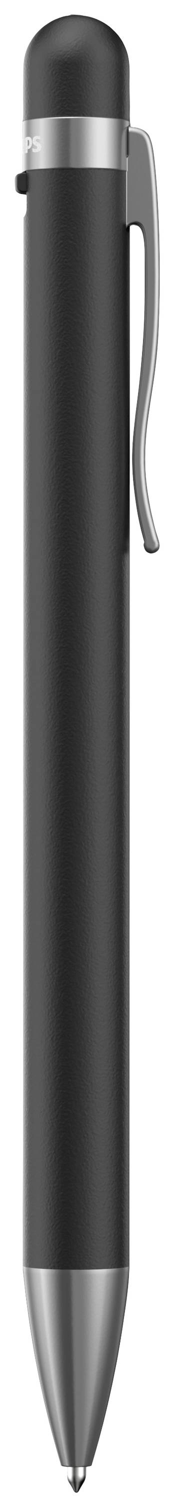 Stylo noir avec clip et pointe en argent, orienté verticalement.