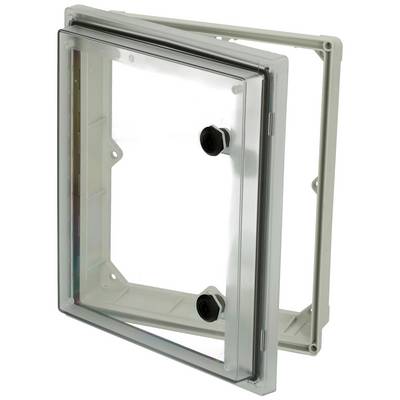 Housse transparente en plastique avec un cadre rectangulaire et deux fixations noires pour la protection d'appareils ou de composants.