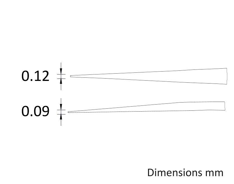Deux tiges coniques avec des diamètres de 0,12 mm et 0,09 mm côte à côte. Dimensions en millimètres.