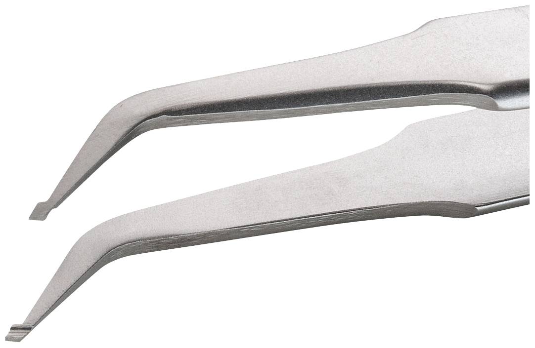 Pince à épiler en argent aux pointes courbes, conçue pour saisir précisément de petits objets tels que des composants électroniques ou des bijoux.