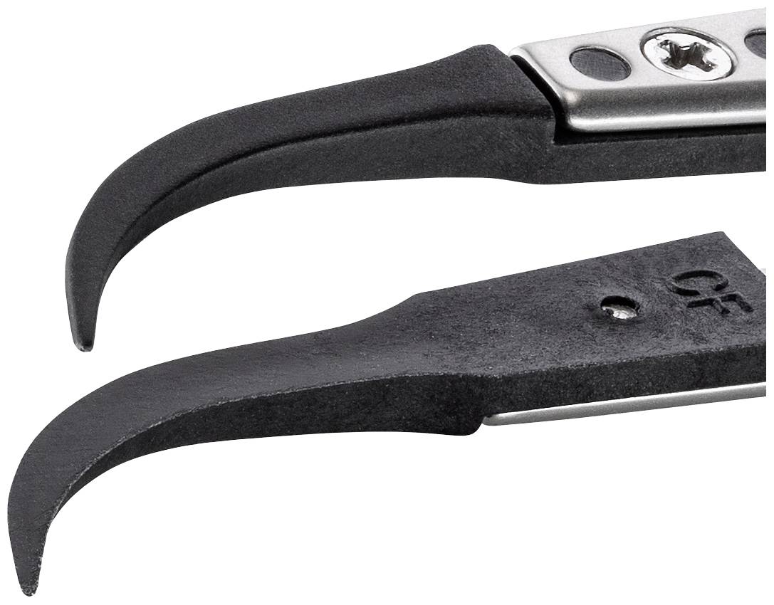 Gros plan de deux pinces à épiler recourbées, l'une avec une pointe en plastique et l'autre avec une pointe en métal, sur un fond blanc.