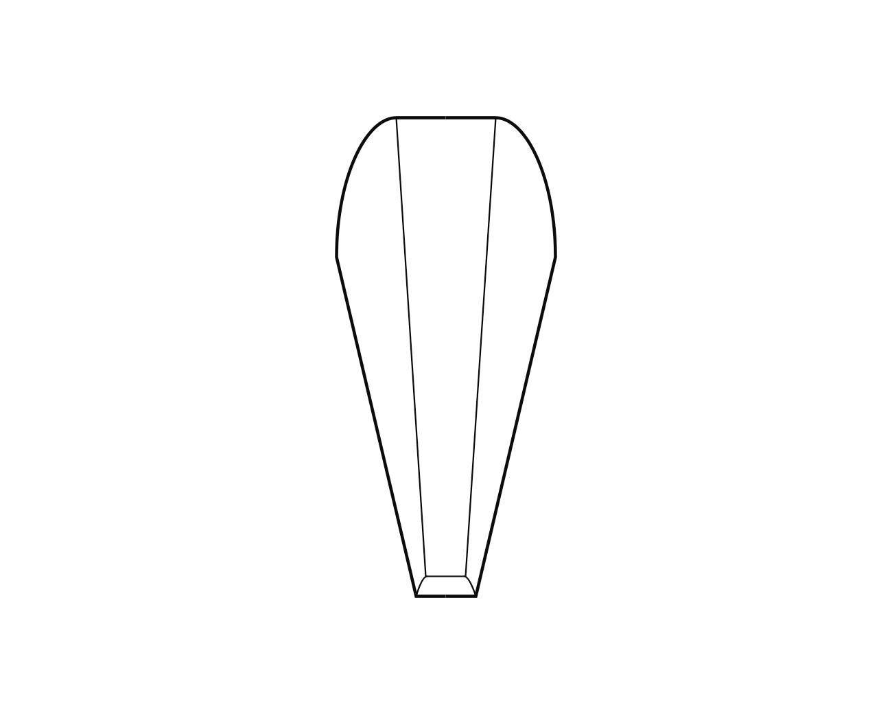 Forme géométrique dessinée avec une partie supérieure semi-circulaire et une partie inférieure triangulaire, sur un fond blanc.