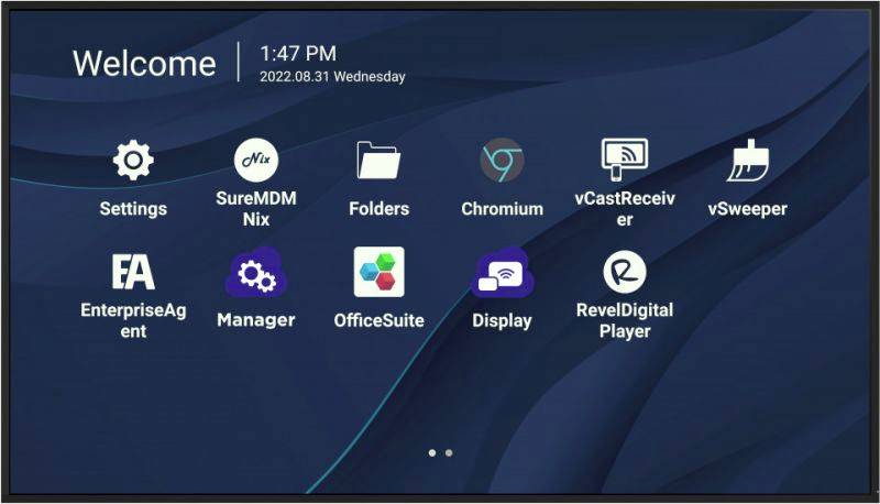 Écran avec des applications : 'Paramètres', 'SureMDM Nix', 'Dossiers', 'Chromium', 'vCastReceiver', 'vSweeper', 'Agent d'entreprise', 'Gestionnaire', 'Suite Office', 'Affichage', 'Lecteur RevelDigital'.