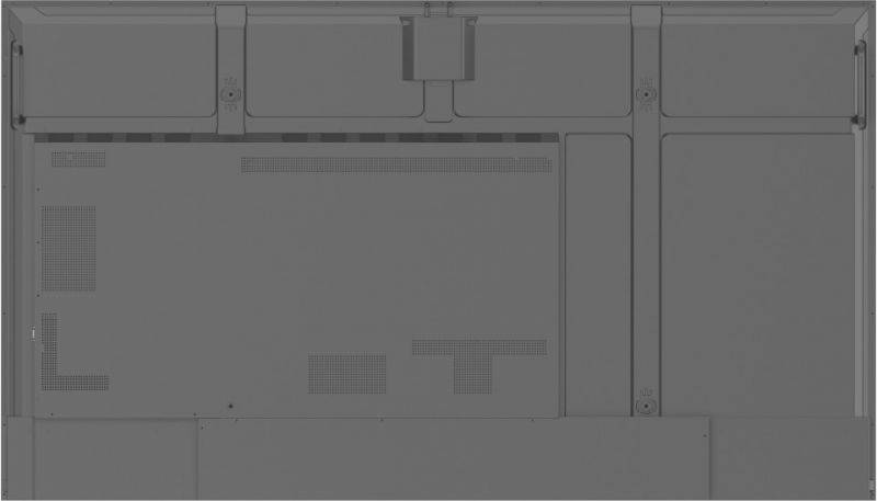 Arrière d'un grand moniteur avec des fentes d'aération et des éléments de fixation dans les coins.