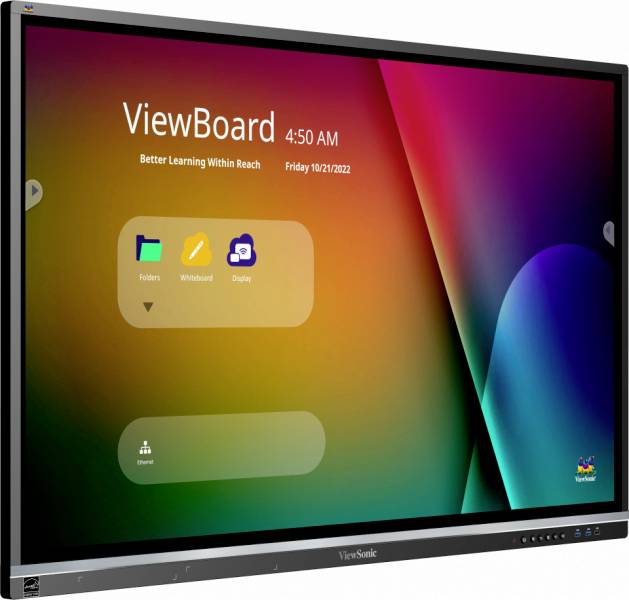 Un écran numérique affiche l'interface d'un tableau blanc interactif avec un affichage de l'heure et des icônes d'applications.