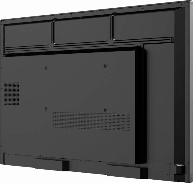 Vue arrière d'un grand moniteur noir avec des fentes de ventilation et des points de fixation.