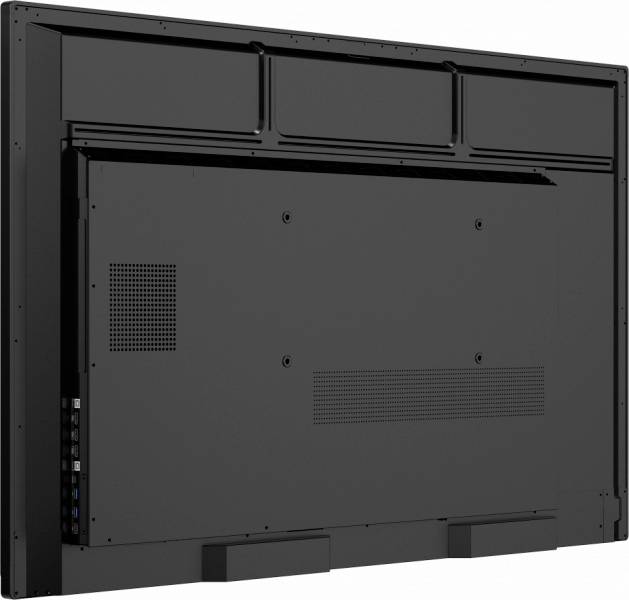 Le dos d'un grand écran ou moniteur noir, avec des fentes de ventilation visibles et des ports de connexion sur le côté gauche.