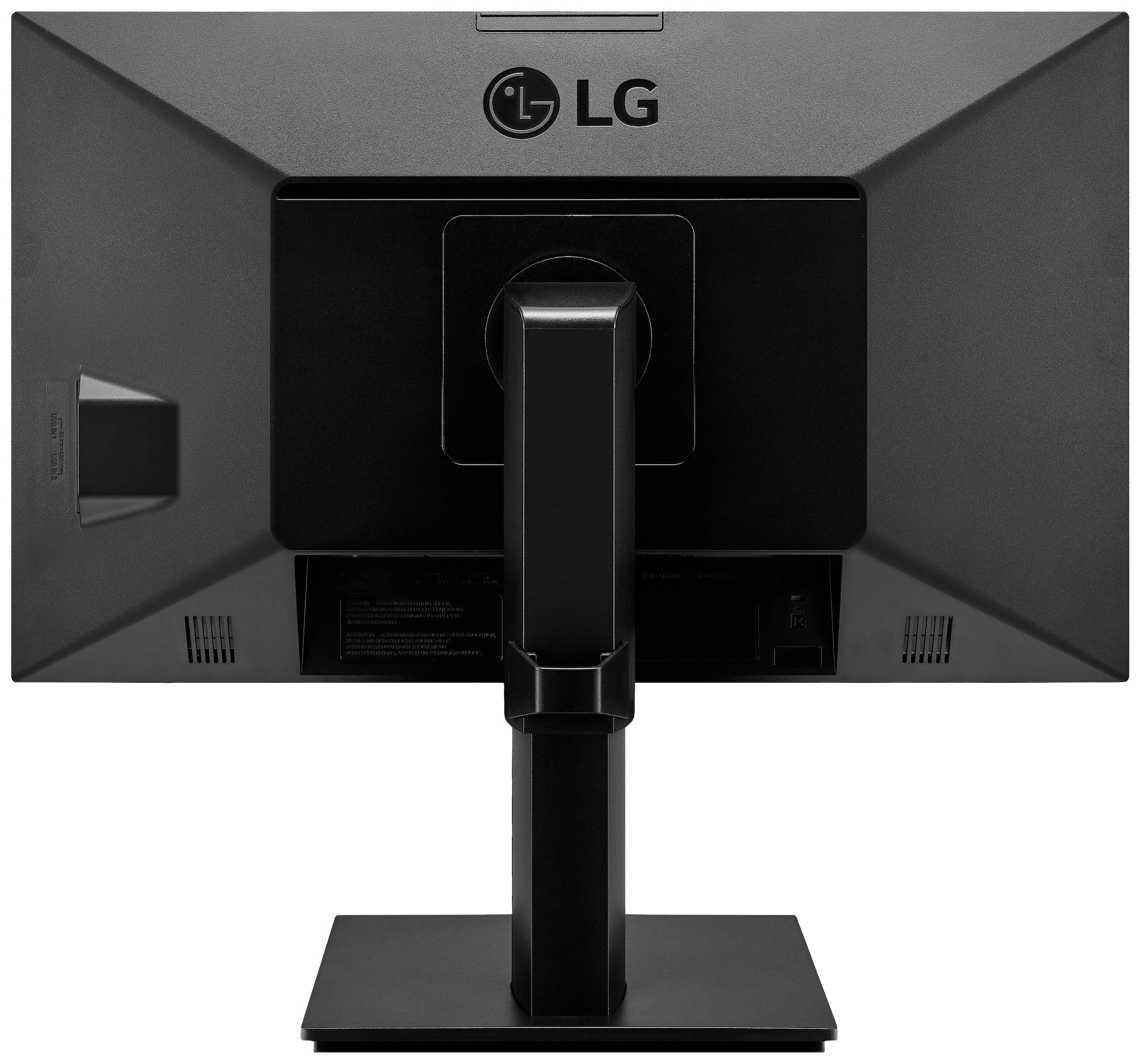 Un moniteur noir LG vu de dos, montrant le socle et les options de connexion à l'arrière de l'écran.