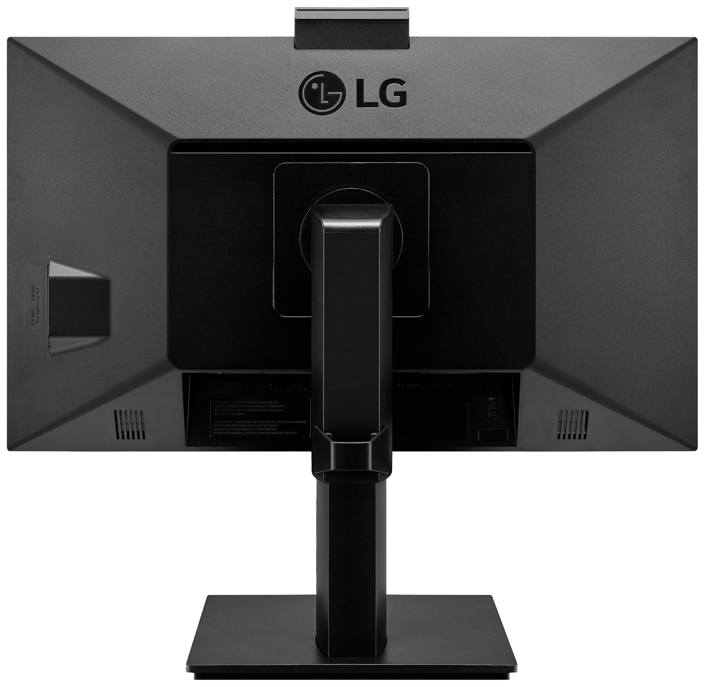 Un moniteur d'ordinateur noir vu de dos avec l'inscription 'LG' sur l'arrière. Le moniteur est posé sur un socle rectangulaire.