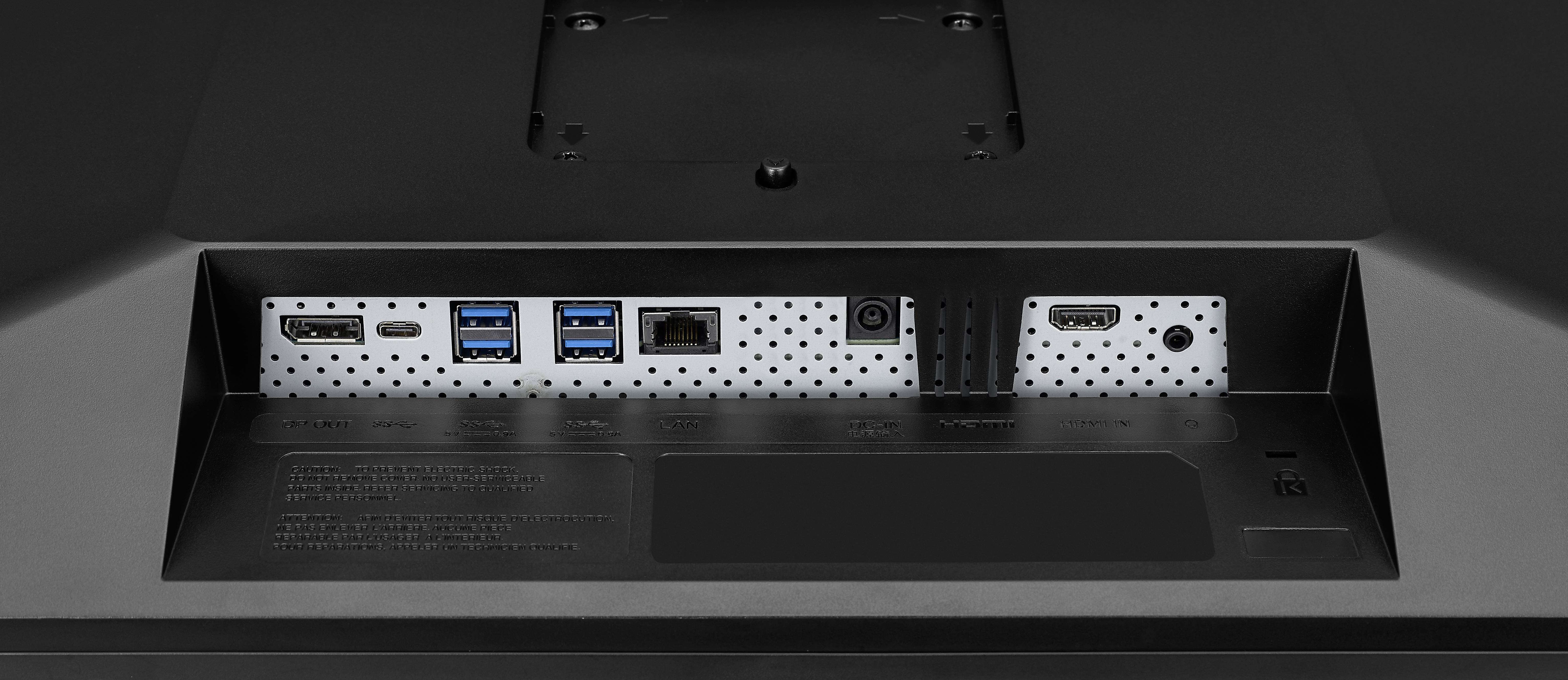 Arrière d'un moniteur avec ses connexions : HDMI, DisplayPort, trois ports USB, Ethernet et prise d'alimentation.