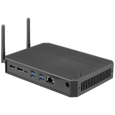 Un mini-ordinateur compact noir avec deux antennes, plusieurs ports USB et un port Ethernet, adapté aux connexions réseau.