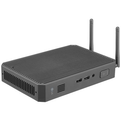 Un mini PC noir avec des fentes de ventilation, deux ports USB, un interrupteur d'alimentation et deux antennes à l'arrière.