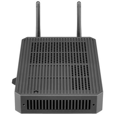 Un routeur noir avec deux antennes et un boîtier ventilé pour le refroidissement, vu de dessus.