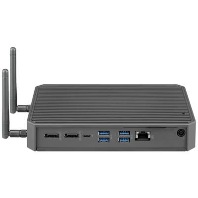 Un mini-PC noir avec des fentes de ventilation, deux antennes, plusieurs ports USB, HDMI, DisplayPort et une prise Ethernet à l'arrière.