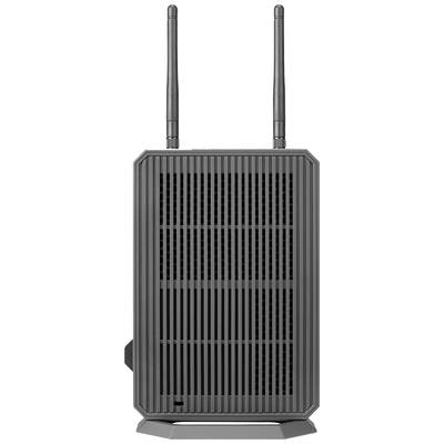 Un routeur noir et gris avec deux antennes, des fentes de ventilation verticales et une forme de base rectangulaire, se tient debout.