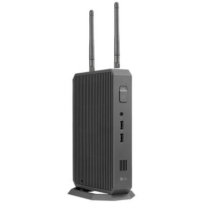 Un mini-PC noir avec deux antennes, posé verticalement. Face avant équipée d'un bouton marche/arrêt et de plusieurs ports USB.
