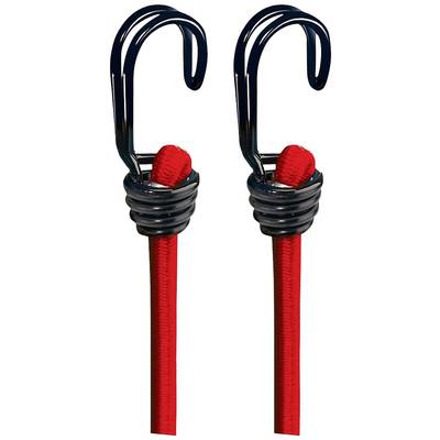 Deux sangles élastiques rouges avec des crochets noirs, qui peuvent être utilisées pour attacher des objets.