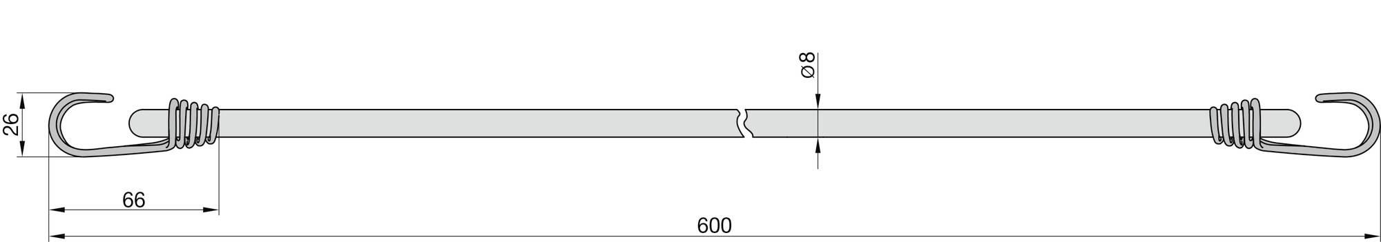 Un diagramme d'un câble de tension avec des crochets aux deux extrémités et les dimensions suivantes : longueur totale de 600 mm, longueur de crochet de 68 mm, hauteur de crochet de 26 mm.