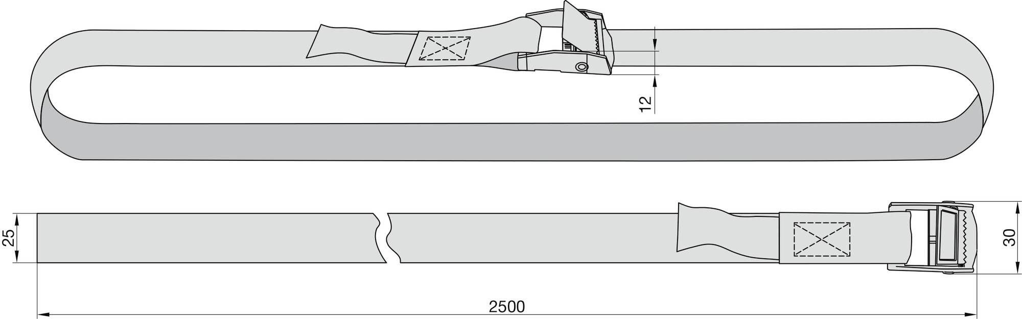 'Dessin technique d'une sangle avec boucle. Dimensions : largeur de 25 mm, longueur de 2500 mm. Boucle : 12 mm x 12 mm, largeur de sangle : 30 mm.'