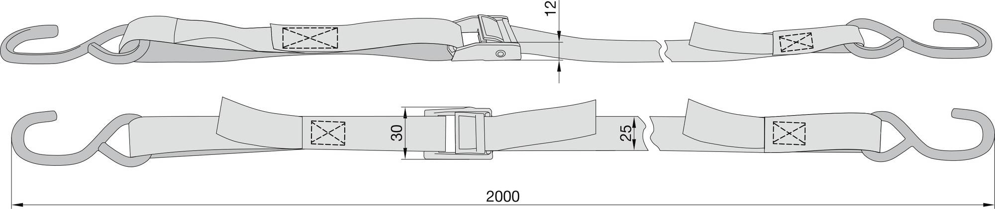 Illustration de deux sangles avec des crochets aux extrémités, l'une équipée d'une boucle réglable. Dimensions : 2000 mm de long, 30 mm de large.