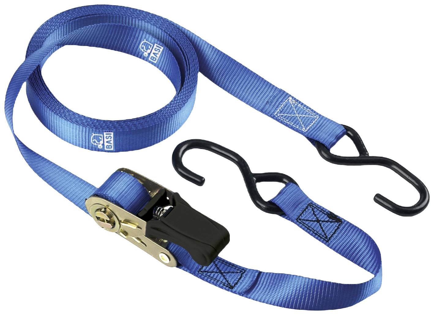 'Sangle d'arrimage bleue avec cliquet et crochet, utilisée pour attacher et sécuriser des charges.'
