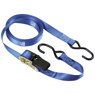'Sangle d'arrimage bleue avec cliquet et crochet, utilisée pour attacher et sécuriser des charges.'
