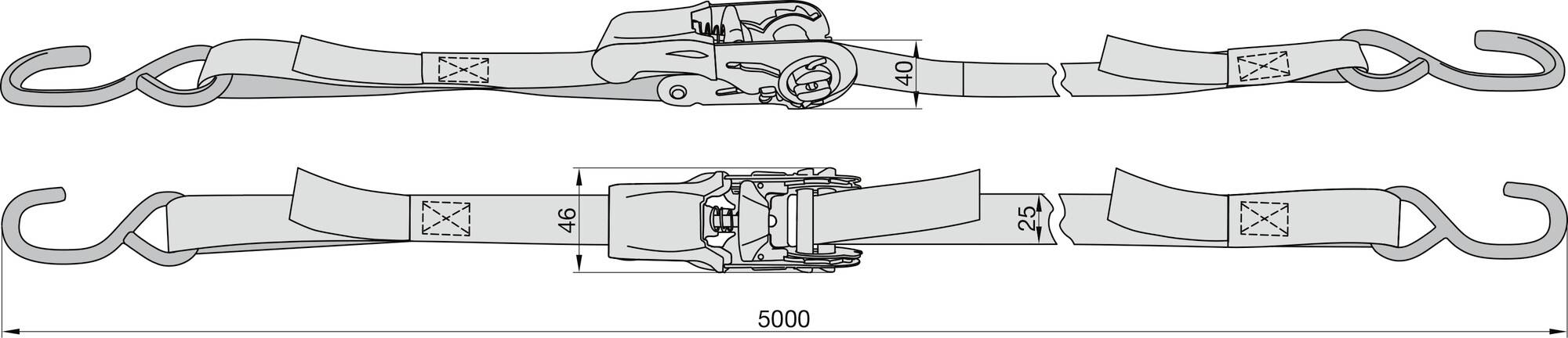 Illustration d'une sangle d'arrimage avec mécanisme à cliquet. Elle mesure 5000 mm de long et possède des crochets à chaque extrémité pour l'arrimage sécurisé des charges.