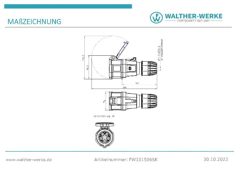 'Dessin technique d'un connecteur WALTHER-WERKE avec dimensions. Numéro d'article : FW3315065K. Date : 30.10.2023.'