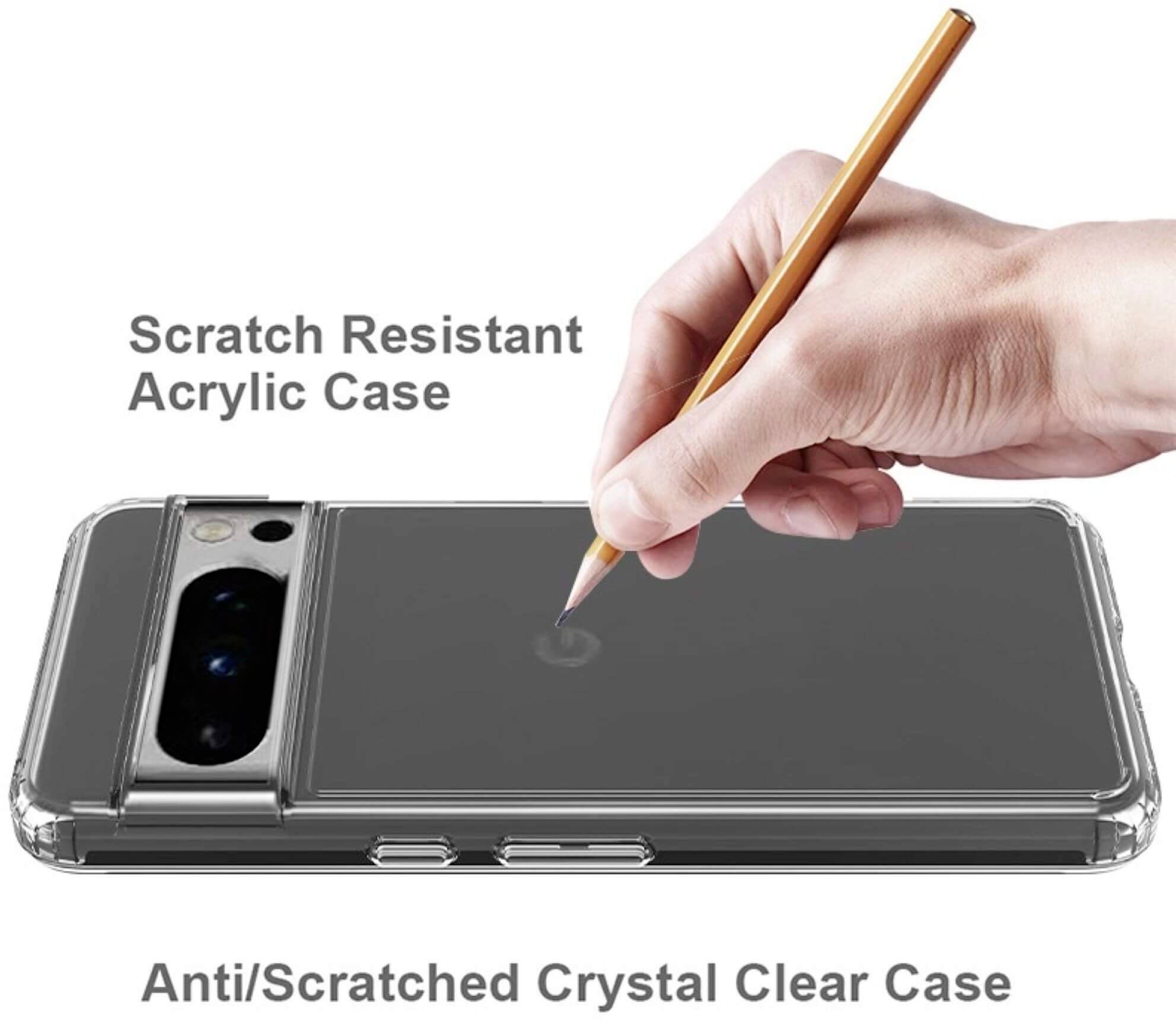 Une main dessine au crayon sur une coque transparente et résistante aux rayures d'un smartphone.