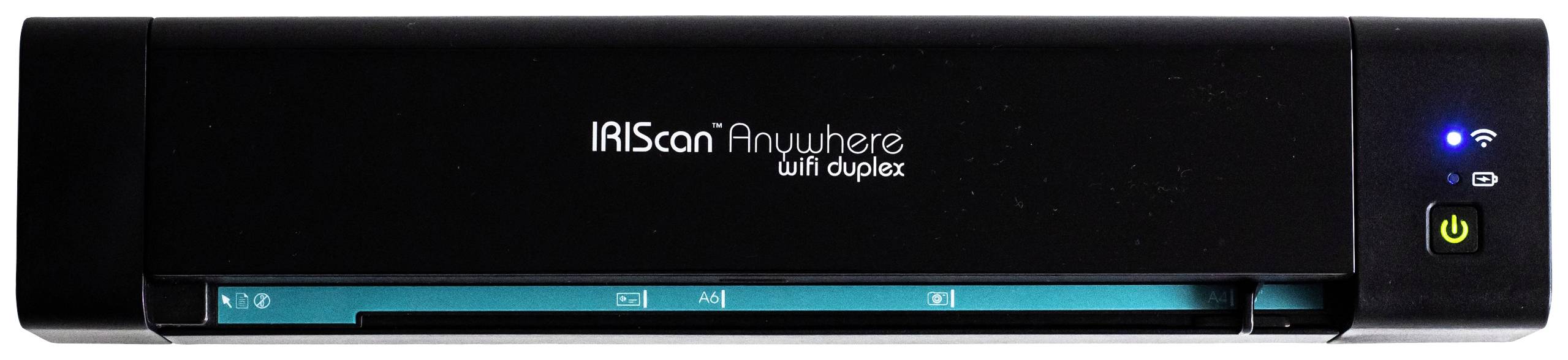 Scanner portable 'IRIScan Anywhere WiFi Duplex' de couleur noire, conçu pour numériser des documents de manière mobile.